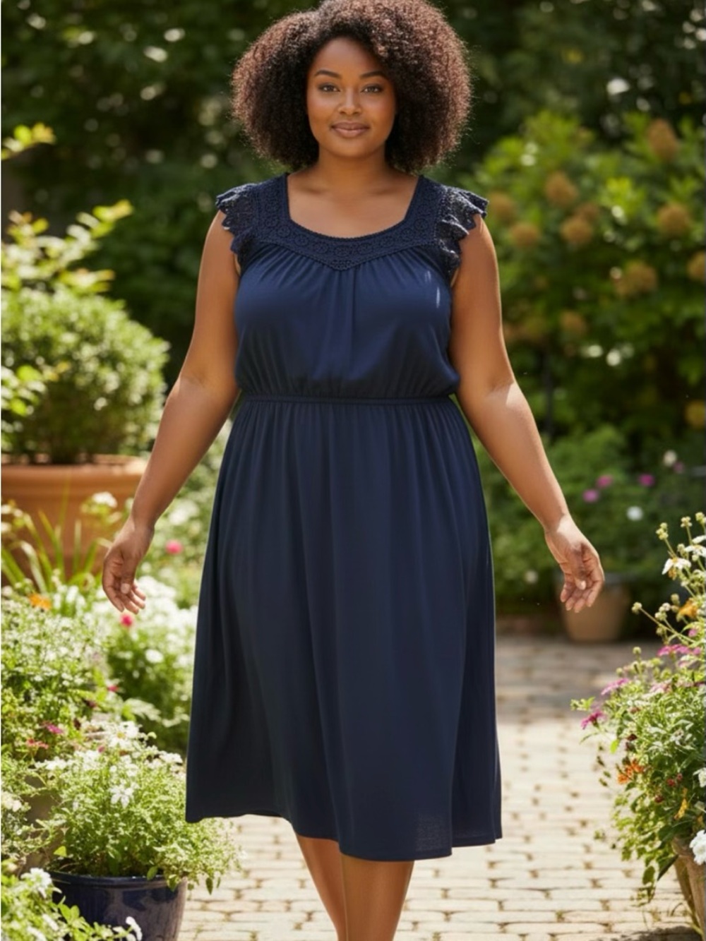 Talbots Navy Blue Sleeveless Crochet-Yoke Dress